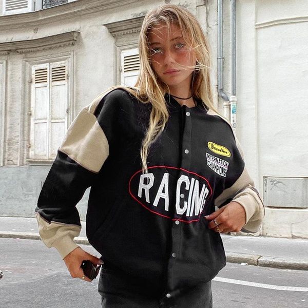 

women's jackets 2021 fall/winter fashion oversized long sleeve bomber jacket loose black baseball retro y2k couple hip hop, Black;brown