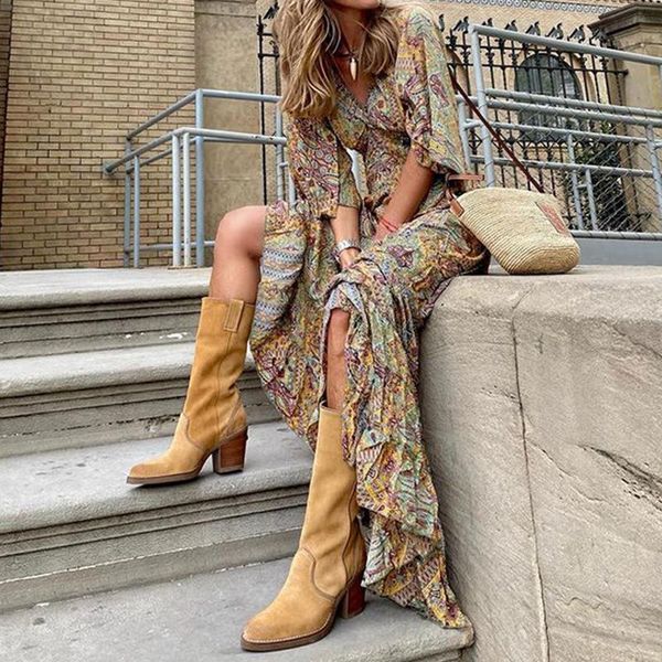 

casual dresses 2021 autumn ladies elegant retro bohemian long dress high sense printed v-neck, Black;gray