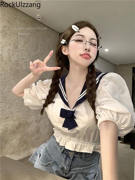 

women's blouses & shirts puff short sleeve sailor neck bow cute teenager student girl white slim shirt bodycon japanese korean blouse s