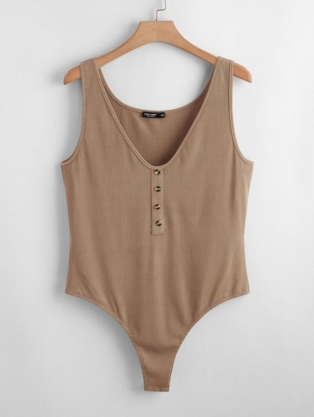 

plus button detail rib-knit tank bodysuit q4uq#, Black