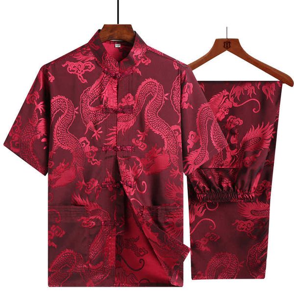 Homens Tang Terno Tradicional Roupas Chinesas Para Calças Calças Masculinas Camisas Orientais Dragão Camisa Top Kung Fu Stand Colar Hanfu X0610