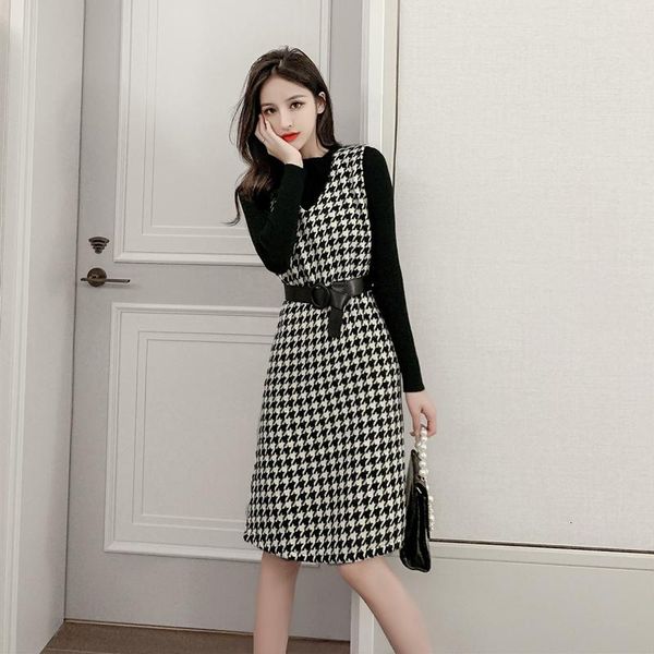 

casual dresses 2021 autumn women two piece set knitted dress long sleeve vintage elegant fashion korean party ladies maxi clothes, Black;gray