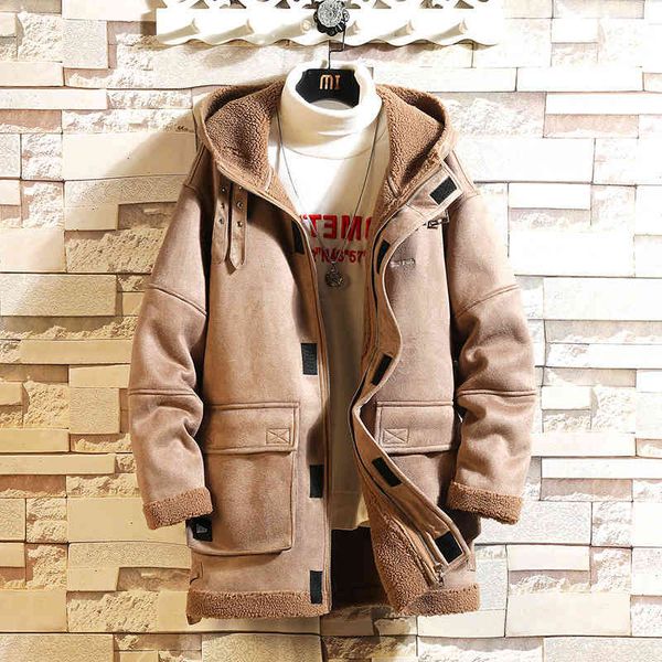 

2021 winter new men's medium and long fur thickened cotton cloth youth fashion leisure hooded coat, Black