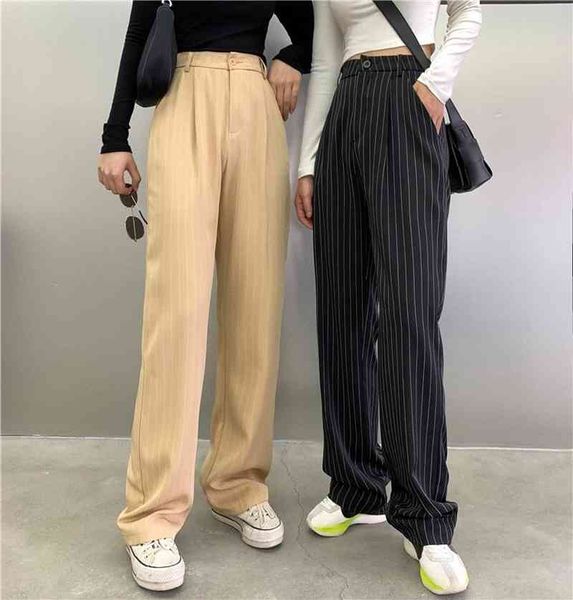 Solta Preto Strong Cintura Alta Calças Striped Calças Femininas Chic Caqui Caqui Largo Pants Streetwear Pantalones Retro 210429