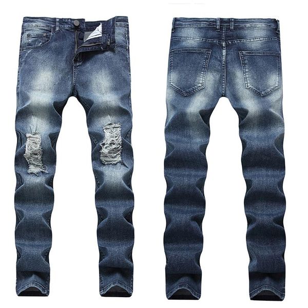 

men's jeans casual style fashion ripped brand cotton denim over the knee, Blue