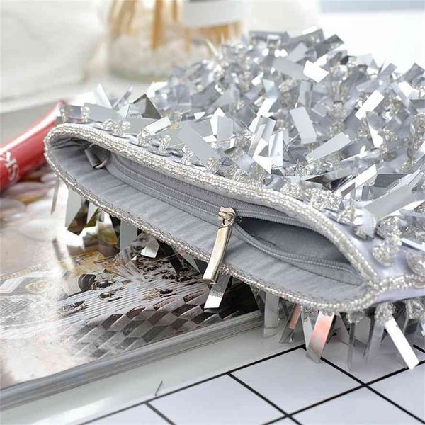

silver sequin tassel handbag celebrity banquet straddle new handmade women's mini bag