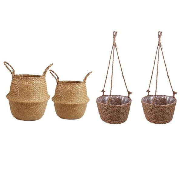 

storage baskets 3pcs woven straw basket for plant pot and laundry, picnic grocery