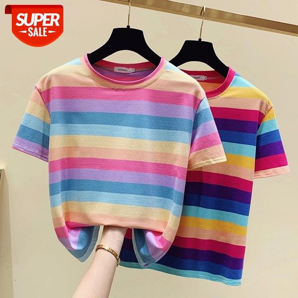 

AOSSVIAO 2021 New Harajuku Rainbow Striped T Shirt Women Summer TShirt Short Sleeve Women Tops Loose Korea Tee Shirt Femme #6i0R, White