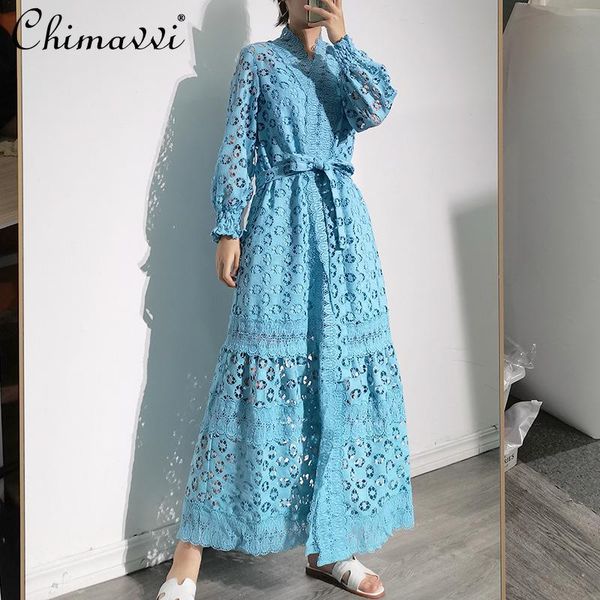 

casual dresses women hollow-out solid color long dress v-neck lantern sleeve high waist slimming lace-up, Black;gray