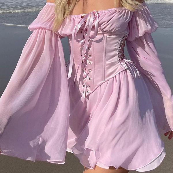 

casual dresses chiffon slash neck mini dress women summer beach vacation long sleeve corset bandage sundress party pink, Black;gray