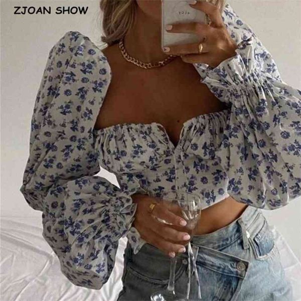 Vintage Mavi Beyaz Çiçek Baskı Kırpma Gömlek Kadınlar Seksi Kare Boyun Geri Fermuar Uzun Kollu Slim Fit Bluz Tops 210429