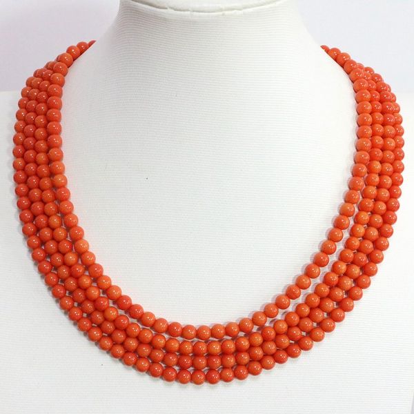 Europäische rosa orange 4 Reihen 6mm runde Perlen künstliche Korallenkette hochwertige Halskette Schmuck 17-20 Zoll B1452