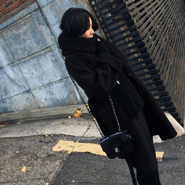 

women's wool & blends 2021 autumn winter solid long coat outerwear ladies korean thick warm loose overcoat female sleeve jacket w804, Black