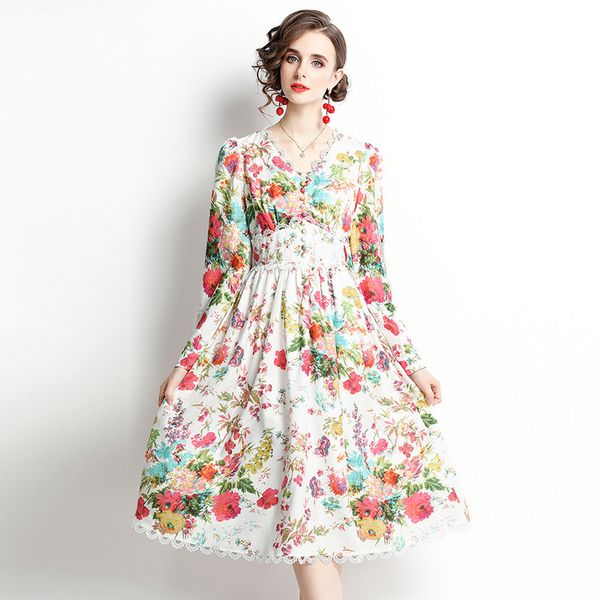 

tea break skirt french v-neck 2021 autumn print dress slim waist a-line, Black;gray