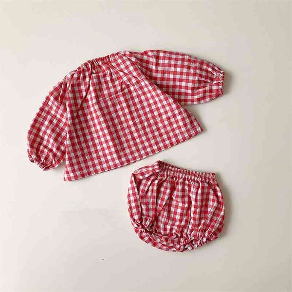 Fashion Toddler Girls Set Abbigliamento per bambini Plaid Camicia a maniche lunghe e Bloomer 2 pezzi Cloting s Abbigliamento per ragazzi 210521