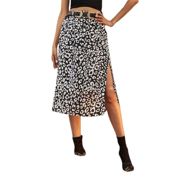 

skirts spring and summer women leopard print skirt high waist split (black white)
