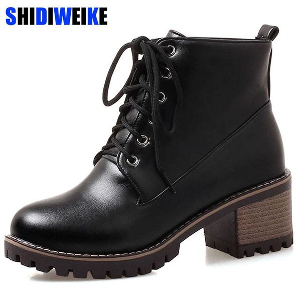 

boots fashion women 2021 autumn winter pu leather ladies shoes high heels round toe platformlace up ankle for n150, Black