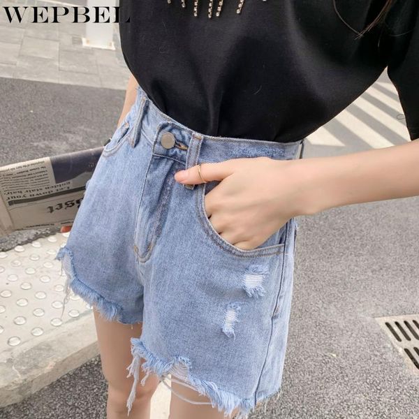 

women's shorts wepbel loose hole denim casual summer fashion button high waist wide leg, White;black