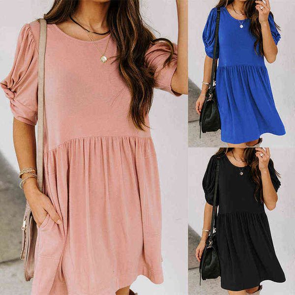 

casual dresses women's fashion loose round neck short sleeve solid color, Black;gray