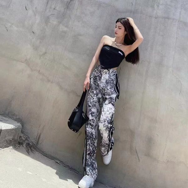 

70% off new tie dyed casual sports women's high waist wide leg straight pants jgy7, Black;white