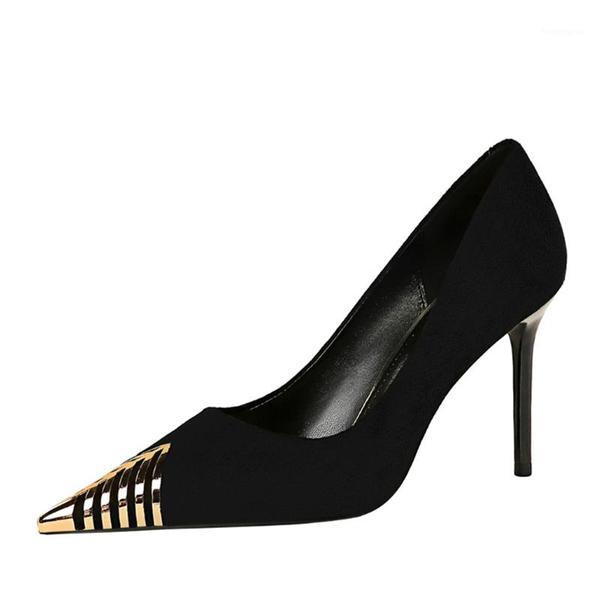 

dress shoes 2021 european and american style fashion stiletto high heels suede shallow mouth metal pointed toe women's1, Black