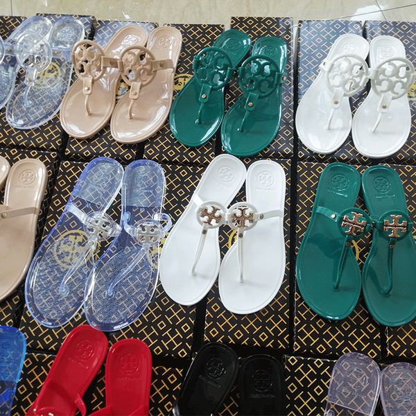 

Summer Jelly Slippers Women Luxury Designer Sandals tory Candy Colors Transparent Slides Ladies Fashion Flat Beach Flip-Flops tb Shoes Brand, Black