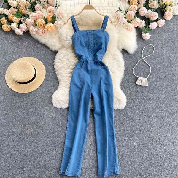 Frauen Spaghetti Strap Ärmellose Jeans Overall Sommer Blau Denim Strampler Hohe Taille mit Taschen Zurück Reißverschluss Sexy Outfits 210603