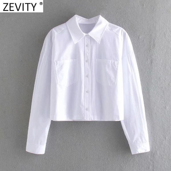 

women's blouses & shirts zevity women fashion double pockets patch casual smock blouse office lady breasted short chic business blusas, White