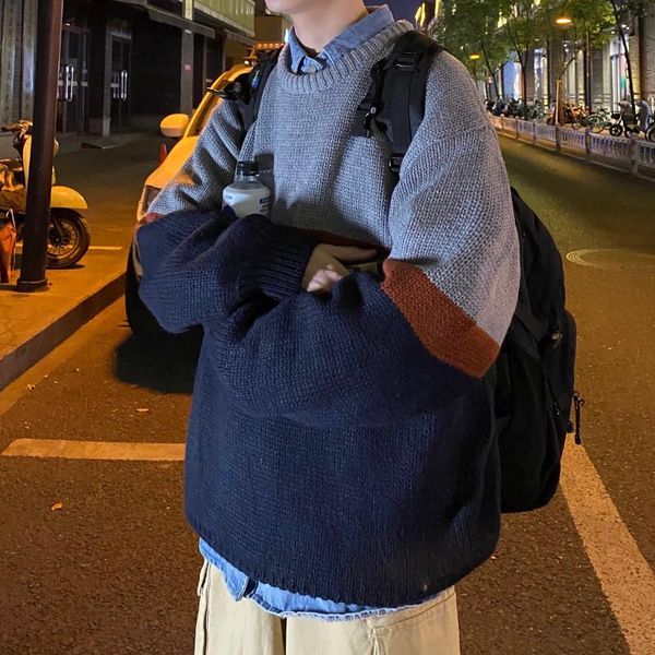 

men's sweaters 2021 winter contrast color round neck sweater men, White;black