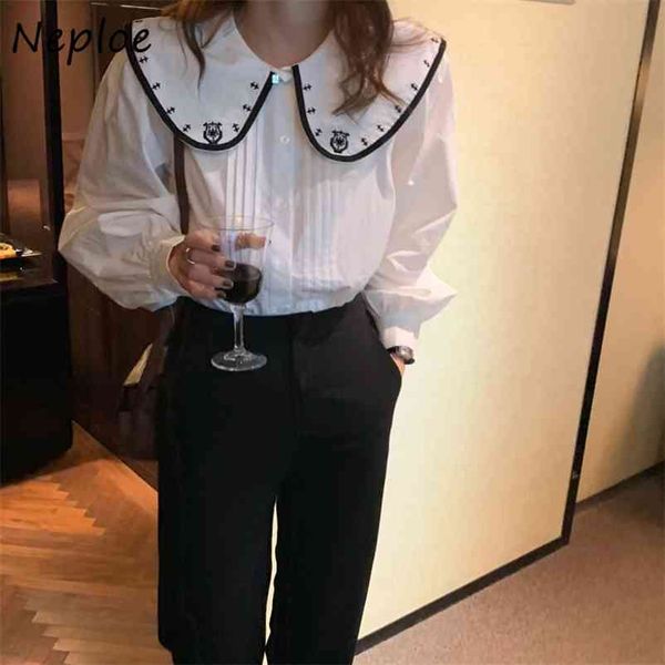

korean flower embroidery single breast blouse women peter pan collar long sleeve spring work style ol bluas shirt 210422, White
