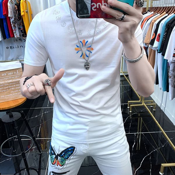 

crosin summer stretch slim ice silk short t-shirt men's 2021 european diamond tide brand half sleeve net r brand lw4o, White