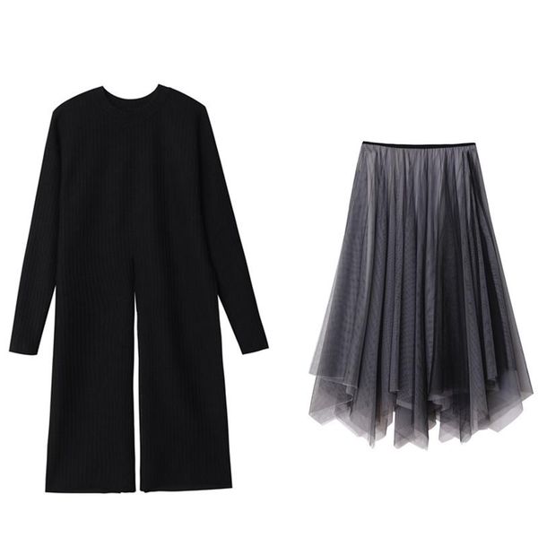 

casual dresses plus size fashion dress suit female 2021 spring season was thin retro sweater net yarn two-piece a668, Black;gray