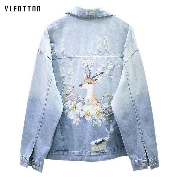 

women's jackets spring autumn bf korean loose beading denim jacket women streetwear single breasted print hole jeans coat female outwea, Black;brown