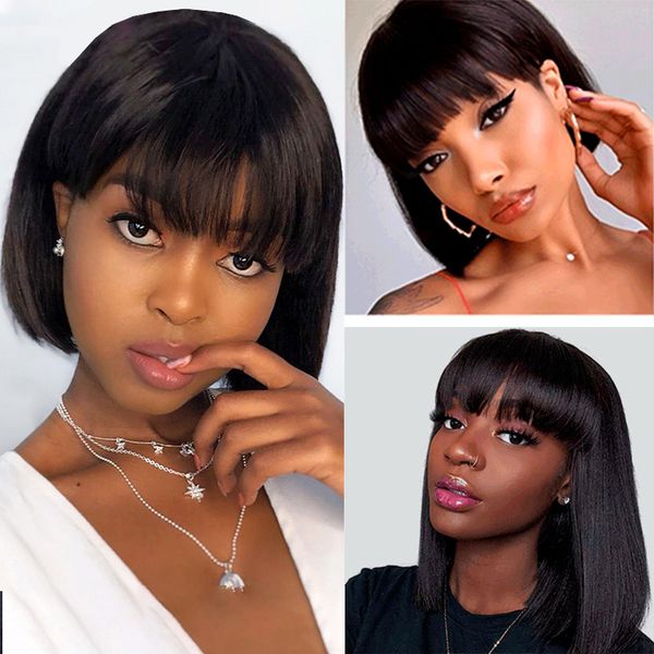 

1b human hair capless wigs with bangs bob wig 8~16 inches straght perruques de cheveux humains rqy4336, Black;brown