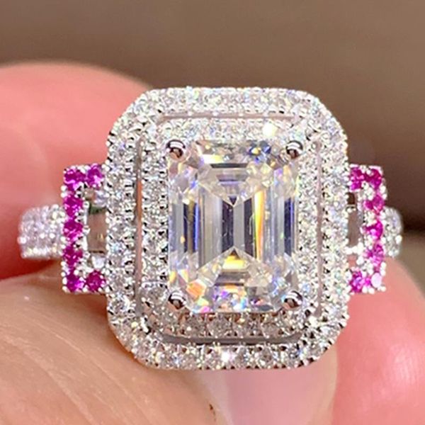 

cluster rings 10k au417 white gold women wedding party engagement ring 1 2 3 4 5 emerald rectangle moissanite diamond luxury, Golden;silver