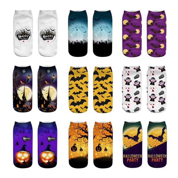 Lustige 3D-Druck-Halloween-Socken, Unisex, niedlich, glücklich, Cosplay, Party, Club, Sokken, Geschenke, Gothic, Kürbis, Laterne, Geist, Besen, schwarze Katze