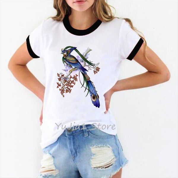 

clothes summer vintage peacock print women t shirt white camisetas mujer streetwear spring custom