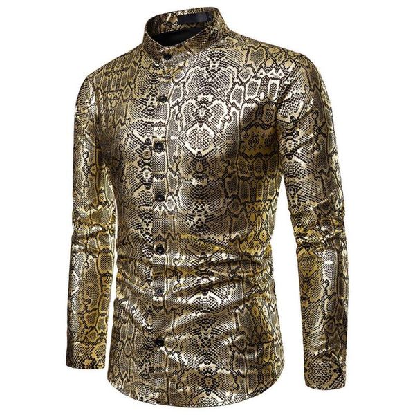 

men's casual shirts shiny leaves gold printedfashion men shirt slim fit mandarin collar dress breathable clothing, White;black