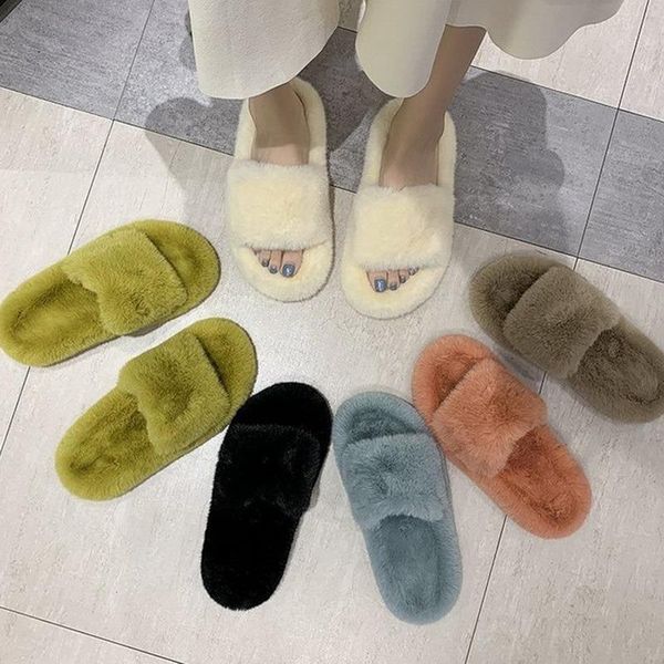 

slippers spring plush women's winter home furry ears indoor women slides comfort flat sandals, Black