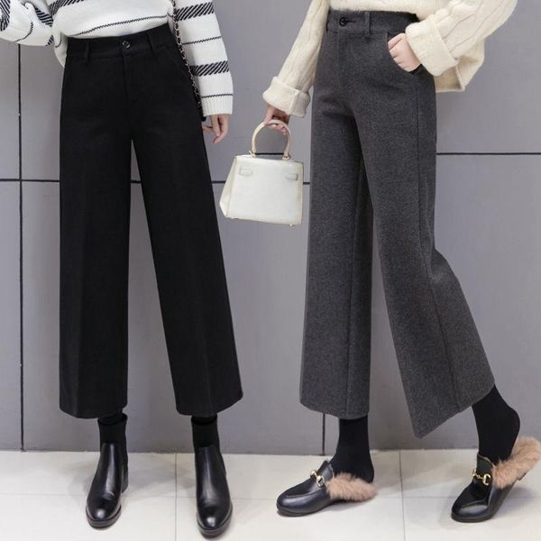 

women's pants & capris women 2021 autumn winter fashion woolen female high waist wide leg casual ladies warm ankle-length trousers a648, Black;white