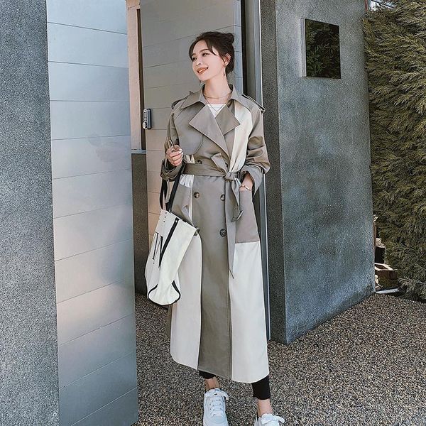 

women's trench coats korean style elegant fashion splice double breasted belted long coat for women spring fall loose windbreaker cloak, Tan;black