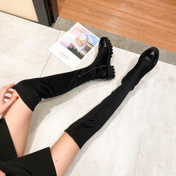 

boots mateshoe 2021 fashion round head long socks thick heel soles show thin and tall knight, Black