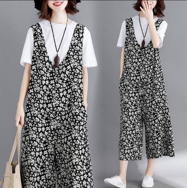 

large size belt pants cotton womens jumpsuits and hemp nine branch with broad legs in summer of, Black;white