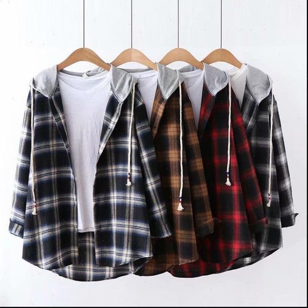 

women shirts blouse woman plaid hooded shirt handsome cool girl harajuku aesthetic streetwear casual loose t with hat, White