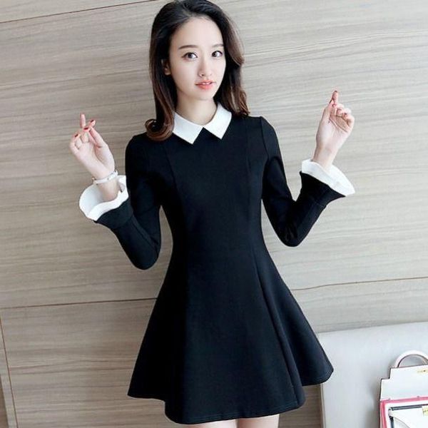 

casual dresses spring and autumn long-sleeved doll collar all-match dress female thin temperament bottoming slim ins little black, Black;gray