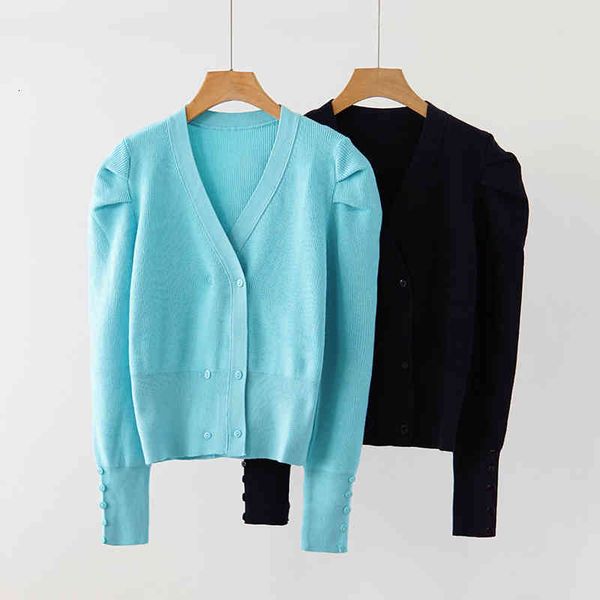 

knits fashion knit women v-neck double breasted long puff sleeve black cardigan woman sweaters coat, White