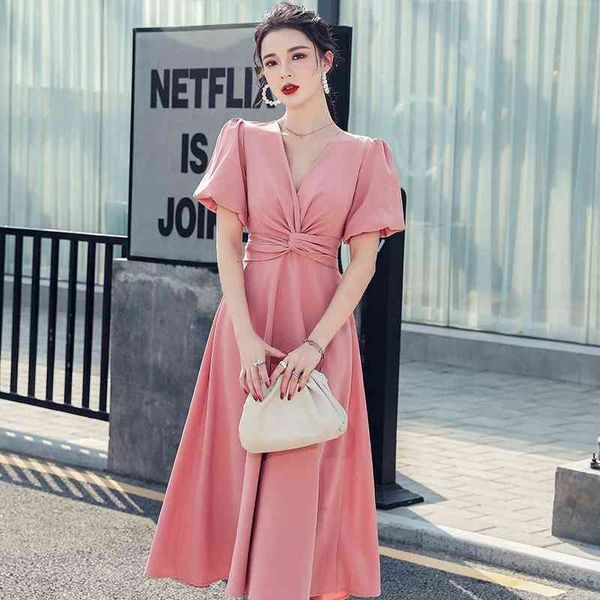

vintage elegant summer women v lantern sleeve lace up bowknot long party solid retro casual office work dinner dresses 210514, Black;gray