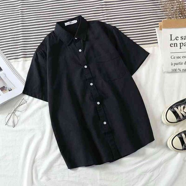 

Korean solid short sleeve shirt Oxford textile summer youth fashion men's trend student beach casual top2021, White