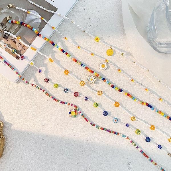 

chokers 2021 korean colorful daisy flower pendant acrylic pearl choker clavicle chain summer necklace for women girls party jewelry, Golden;silver