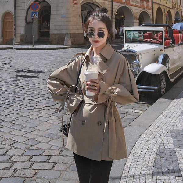 

women's trench coats 2021 spring autumn short coat for women casual slim double breasted elegant khaki chic female windbreaker black y1, Tan;black